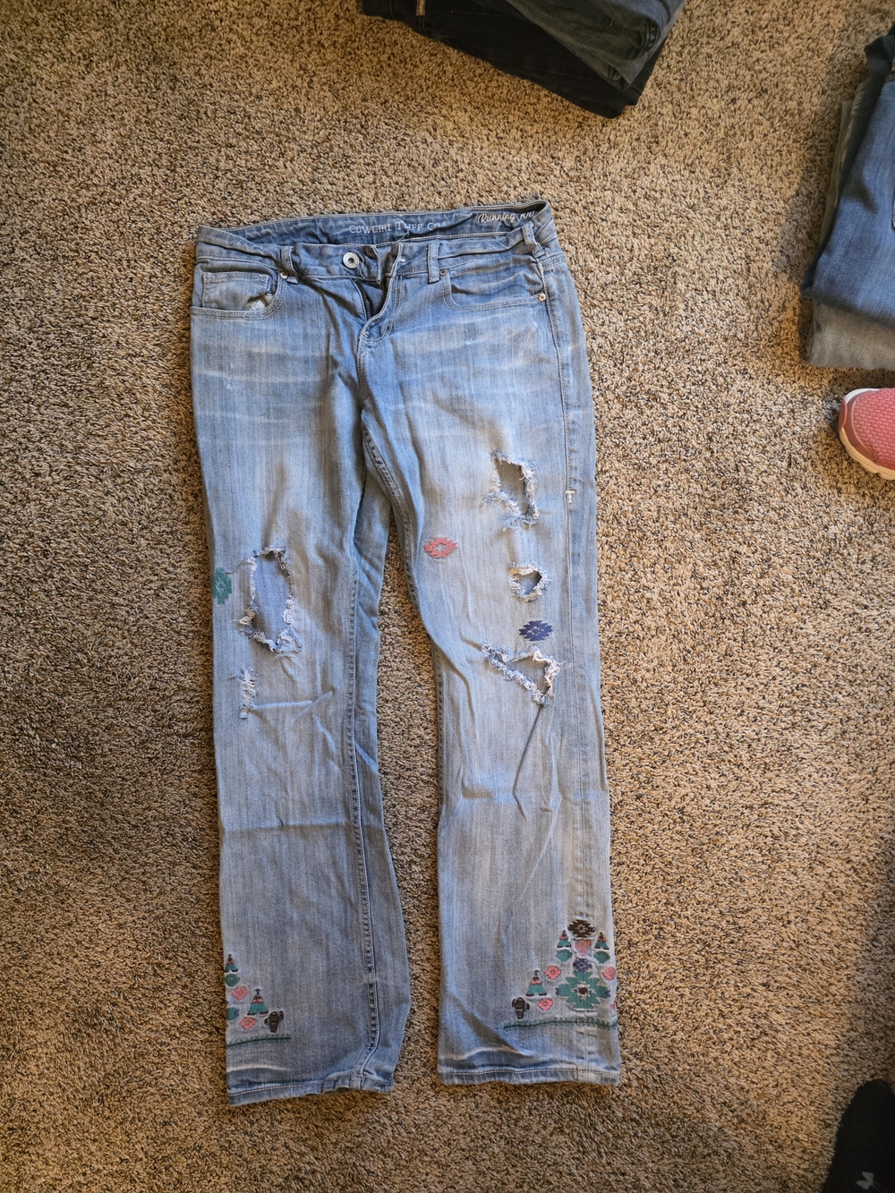 Cowgirl Tuff Light Blue Distressed Boot Cut Jeans with Floral Patches 30L